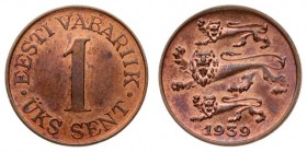 Estonia 1 Sent 1939 Averse: Three leopards left above date. Reverse: Denomination. Edge Description: Plain. Bronze. KM 19.1