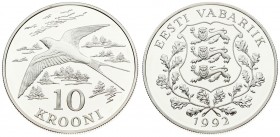 Estonia 10 Krooni 1992 Averse: National arms wreath surrounds date below. Reverse: Barn Swallow denomination below. Silver. KM 26. With Origanal Box &...
