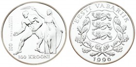 Estonia 100 Krooni 1996 Averse: National arms; wreath surrounds; date below. Reverse: Olympics - Nike crowning Wrestler; denomination below. Silver. K...