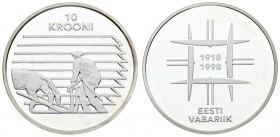 Estonia 10 Krooni ND(1998) 80th Anniversary of Nation. Averse: Framed dates. Reverse: Farmer plowing field; denomination above. Silver. KM 32. With Or...