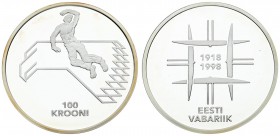 Estonia 100 Krooni ND(1998) 80th Anniversary of Nation. Averse: Framed dates. Reverse: Male figure and stylized eagle head; denomination below. Silver...