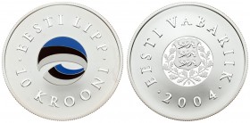 Estonia 10 Krooni 2004 Estonian Flag. Averse: National arms. Reverse: Round multicolor flag design. Edge Description: Reeded. Silver. KM 40. With Orig...