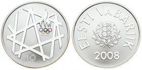 Estonia 10 Krooni 2008 Olympics. Averse: Arms. Reverse: Torch and geometric patterns. Silver. KM 48. With Origanal Box & Certificate