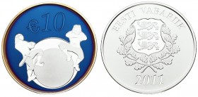 Estonia 10 Euro 2011 Estonia's Future. Averse: National arms. Reverse: Two dancing figures value at top. Edge Lettering: Ag 999.9. Silver. KM 71. With...