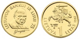 Lithuania 1 Litas 1997 75th Anniversary - Bank of Lithuania. Averse: National arms above value. Reverse: Bust 1/4 right. Gold. KM 109a