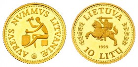 Lithuania 10 Litų 1999 Lithuanian gold coinage. Averse: National arms. Reverse: Medieval minter. Gold. KM 120
