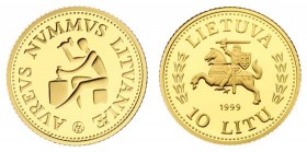 Lithuania 10 Litų 1999 Lithuanian gold coinage. Averse: National arms. Reverse: Medieval minter Gold. KM 120. With Original Box & Certificate