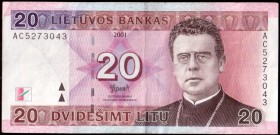 Lithuania 20 Litu 2001 Banknote Jonas Maironis at right; additional security features. Book and quill hologram at lower left. Dark brown on multicolor...
