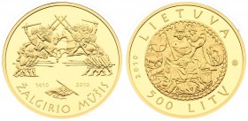Lithuania 500 Litų 2010 Battle of Grunwald. Averse: Shield around seated king. Reverse: Knights on horseback; warriors on foot. Gold. KM173. With Orig...