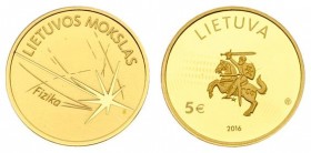 Lithuania 5 Euro 2016 Lithuanian Science Physics. Averse: The averse of the coin features; in the centre a stylised coat of arms of the Republic of Li...