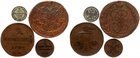 Russia 1/2 Kopeck 1840 СПМ & 2 Kopecks 1799 ЕМ & 5 Kopecks 1791 ЕМ & 10 Kopecks 1880 СПБ-НФ. Copper; Silver. Lot of 4 Coins