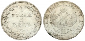 Russia For Poland 3/4 Roubles 5 Zlotych 1836 MW Warsaw Nicholas I (1826-1855). Averse: Shield within wreath on breast 3 shields on wings. Reverse: Val...