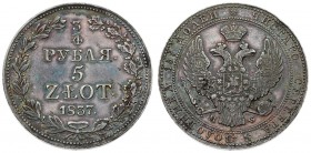 Russia For Poland 3/4 Roubles 5 Zlotych 1837 MW Warsaw Nicholas I (1826-1855). Averse: Shield within wreath on breast 3 shields on wings. Reverse: Val...
