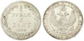 Russia For Poland 3/4 Roubles 5 Zlotych 1838 MW Warsaw Nicholas I (1826-1855). Averse: Shield within wreath on breast 3 shields on wings. Reverse: Val...
