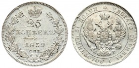 Russia 25 kopecks 1839 СПБ-НГ St. Petersburg. Nicholas I (1826-1855). Averse: Eagle. Reverse: Crown above value and date within wreath. Silver. Edge d...