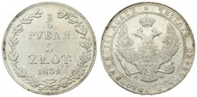 Russia For Poland 3/4 Roubles 5 Zlotych 1839 MW Warsaw Nicholas I (1826-1855). Averse: Shield within wreath on breast 3 shields on wings. Reverse: Val...