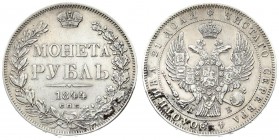 Russia 1 Rouble 1844 СПБ КБ St. Petersburg. Nicholas I (1826-1855). Averse: Crowned double imperial eagle. Reverse: Crown above value and date within ...