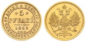Russia 5 Roubles 1863 СПБ-МИ St. Petersburg. Alexander II (1854-1881). Averse: Crowned double imperial eagle; ribbons on crown. Reverse: Value; text a...