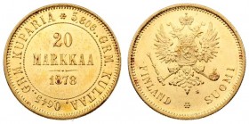 Russia for Finland 20 Markkaa 1878 S Alexander II (1854-1881). Averse: Crowned imperial double eagle holding orb and scepter. Reverse: Denomination an...