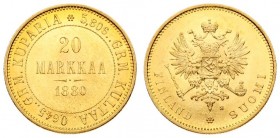 Russia for Finland 20 Markkaa 1880 S Alexander II (1854-1881). Averse: Crowned imperial double eagle holding orb and scepter. Reverse: Denomination an...