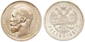 Russia 1 Rouble 1897 (АГ) St. Petersburg. Nicholas II (1894-1917). Averse: Head left. Reverse: Crowned double-headed imperial eagle ribbons on crown. ...