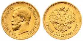 Russia 7.5 Roubles 1897 АГ St. Petersburg. Nicholas II (1894-1917). Averse: Head left. Reverse: Crowned double-headed imperial eagle ribbons on crown....