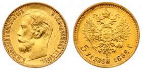 Russia 5 Roubles 1898 (АГ) St. Petersburg. Nicholas II (1894-1917). Averse: Head left. Reverse: Crowned double imperial eagle ribbons on crown. Gold. ...