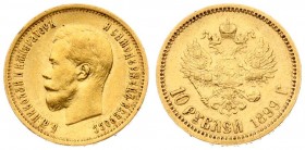 Russia 10 Roubles 1899 (ЭБ) St. Petersburg. Nicholas II (1894-1917). Averse: Head left. Reverse: Crowned double imperial eagle ribbons on crown. Gold....
