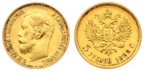 Russia 5 Roubles 1899 (ЭБ) St. Petersburg. Nicholas II (1894-1917). Averse: Head left. Reverse: Crowned double imperial eagle ribbons on crown. Gold. ...