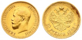 Russia 10 Roubles 1900 (ФЗ) St. Petersburg. Nicholas II (1894-1917). Averse: Head left. Reverse: Crowned double imperial eagle ribbons on crown. Gold....