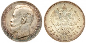 Russia 1 Rouble 1901 (ФЗ) St. Petersburg. Nicholas II (1894-1917). Averse: Head left. Reverse: Crowned double imperial eagle ribbons on crown. Silver....