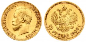 Russia 10 Roubles 1902 (AP) St. Petersburg. Nicholas II (1894-1917). Averse: Head left. Reverse: Crowned double imperial eagle ribbons on crown. Gold....