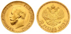 Russia 10 Roubles 1903 (AP) St. Petersburg. Nicholas II (1894-1917). Averse: Head left. Reverse: Crowned double imperial eagle ribbons on crown. Gold....