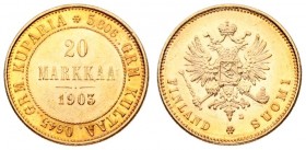Russia for Finland 20 Markkaa 1903 L Nicholas II (1894-1917). Averse: Crowned imperial double eagle holding orb and scepter. Reverse: Denomination and...