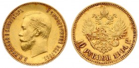 Russia 10 Roubles 1904 (AP) St. Petersburg. Nicholas II (1894-1917). Averse: Head left. Reverse: Crowned double imperial eagle ribbons on crown. Gold....