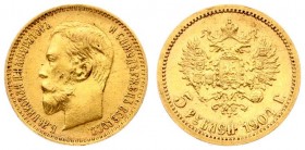 Russia 5 Roubles 1904 (АР) St. Petersburg. Nicholas II (1894-1917). Averse: Head left. Reverse: Crowned double imperial eagle ribbons on crown. Gold. ...