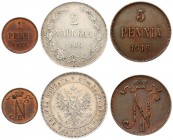 Russia For Finland 1 Penni 1911 & 5 Pennia 1916 & 2 Markkaa 1906 L Nicholas II (1894-1917).Averse: Crowned monogram. Reverse: Denomination and date. C...