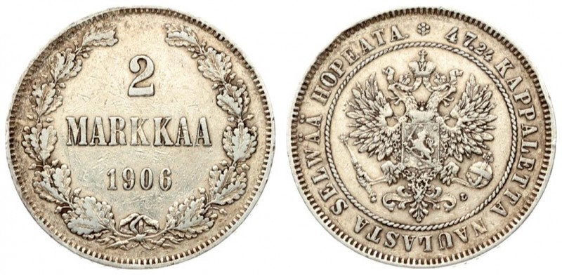 Russia For Finland 2 Markkaa 1906 L Nicholas II (1894-1917). Crowned imperial do...