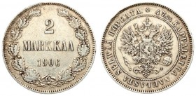 Russia For Finland 2 Markkaa 1906 L Nicholas II (1894-1917). Crowned imperial double eagle holding orb and scepter fineness around (text in Finnish). ...