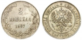 Russia For Finland 2 Markkaa 1907 L Nicholas II (1894-1917). Crowned imperial double eagle holding orb and scepter fineness around (text in Finnish). ...