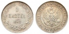 Russia For Finland 1 Markka 1908 L Nicholas II (1894-1917). Crowned imperial double eagle holding orb and scepter fineness around (text in Finnish). R...