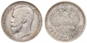 Russia 1 Rouble 1908 ЭБ St. Petersburg. Nicholas II(1894-1917). Averse: Head left. Reverse: Crowned double-headed imperial eagle ribbons on crown. Edg...