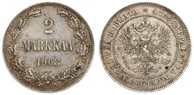Russia For Finland 2 Markkaa 1908 L Nicholas II (1894-1917). Crowned imperial double eagle holding orb and scepter fineness around (text in Finnish). ...