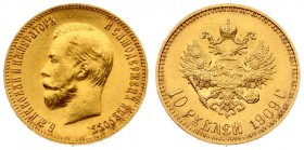 Russia 10 Roubles 1909 (ЭБ) St. Petersburg. Nicholas II (1894-1917). Averse: Head left. Reverse: Crowned double imperial eagle ribbons on crown. Gold....