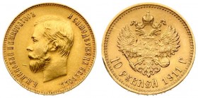 Russia 10 Roubles 1911 ЭБ St. Petersburg. Nicholas II (1894-1917). Averse: Head left. Reverse: Crowned double imperial eagle ribbons on crown. Gold. E...