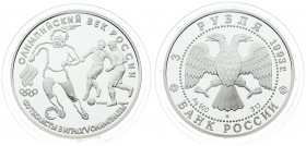 Russia 3 Roubles 1993 Averse: Double-headed eagle. Reverse: Soccer. Silver. Y 351. With capsule