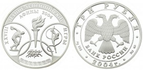 Russia 3 Roubles 2004 XXVIII summer olympic games. Averse: Double-headed eagle. Reverse: Olympic torch. Silver. Y 858. With capsule