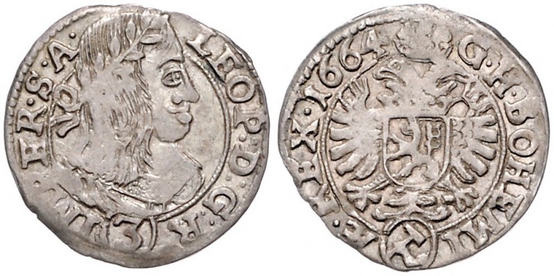 LEOPOLD I (1657 - 1705)&nbsp;
3 Kreuzer, 1664, 1,64g, Kutná Hora. Her. 1480&nbs...
