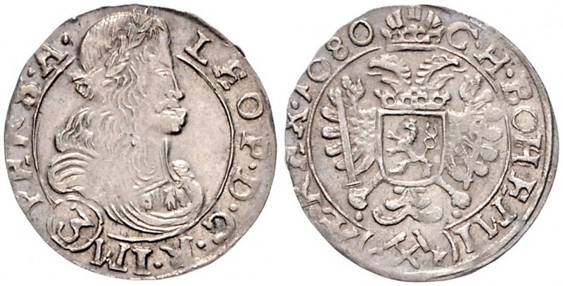 LEOPOLD I (1657 - 1705)&nbsp;
3 Kreuzer, 1680, 1,52g, Kutná Hora. Her. 1495&nbs...