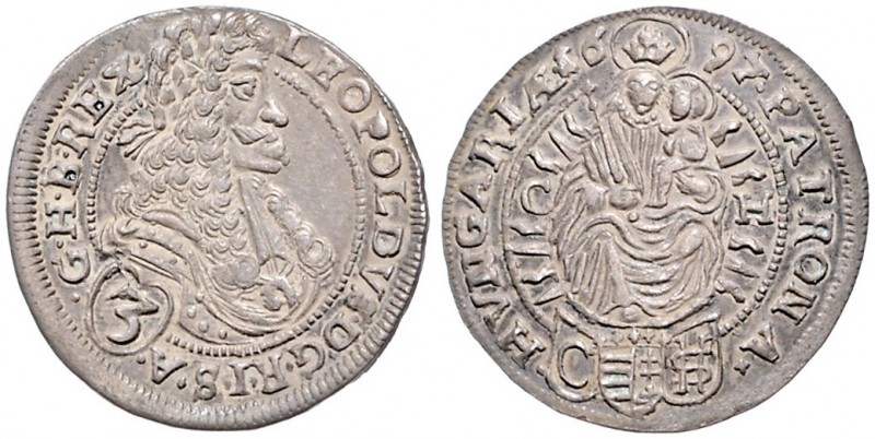 LEOPOLD I (1657 - 1705)&nbsp;
3 Kreuzer, 1697, 1,62g, Bratislava. Her. 1633&nbs...